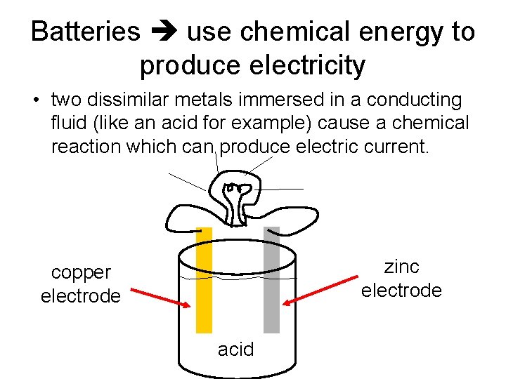 Batteries use chemical energy to produce electricity • two dissimilar metals immersed in a