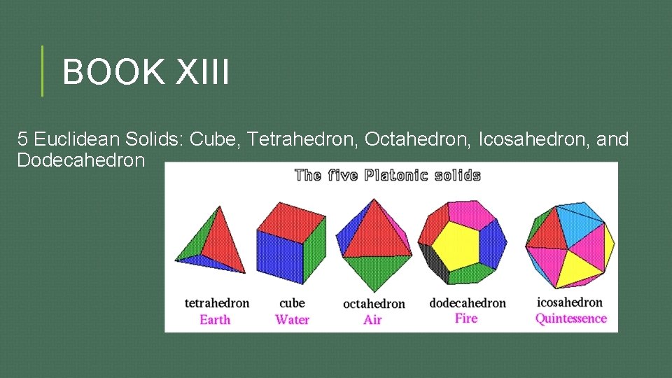 BOOK XIII 5 Euclidean Solids: Cube, Tetrahedron, Octahedron, Icosahedron, and Dodecahedron 