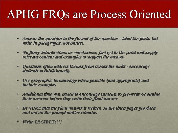 APHG FRQs are Process Oriented • Answer the question in the format of the APHG FRQs are Process Oriented • Answer the question in the format of the