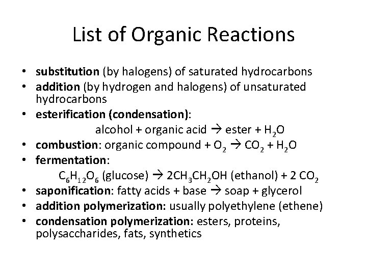 List of Organic Reactions • substitution (by halogens) of saturated hydrocarbons • addition (by