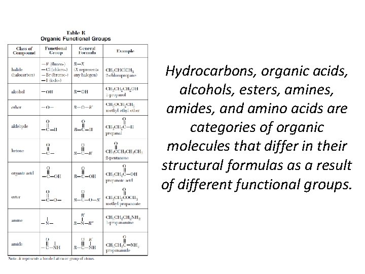 Hydrocarbons, organic acids, alcohols, esters, amines, amides, and amino acids are categories of organic