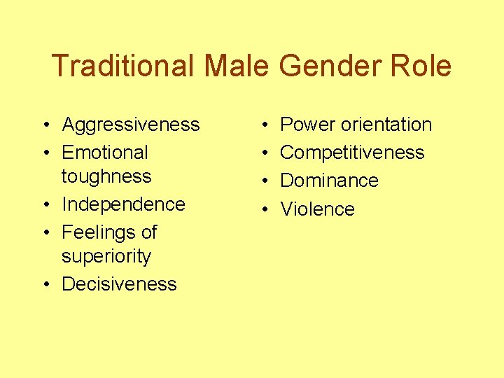 Traditional Male Gender Role • Aggressiveness • Emotional toughness • Independence • Feelings of