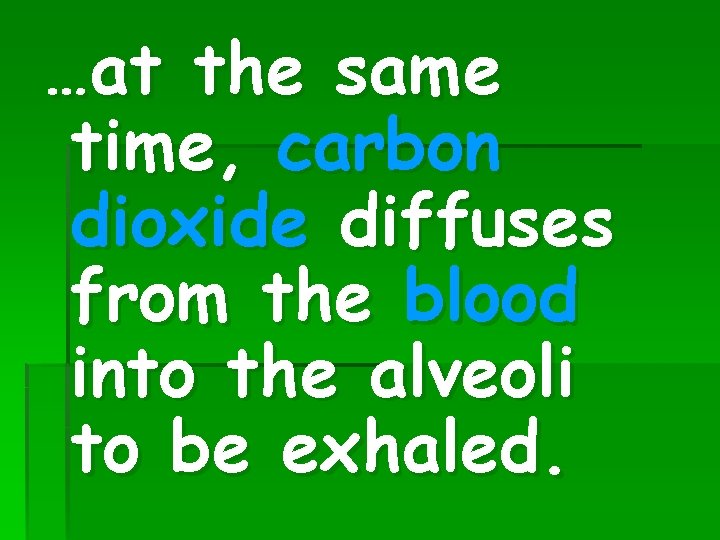 …at the same time, carbon dioxide diffuses from the blood into the alveoli to