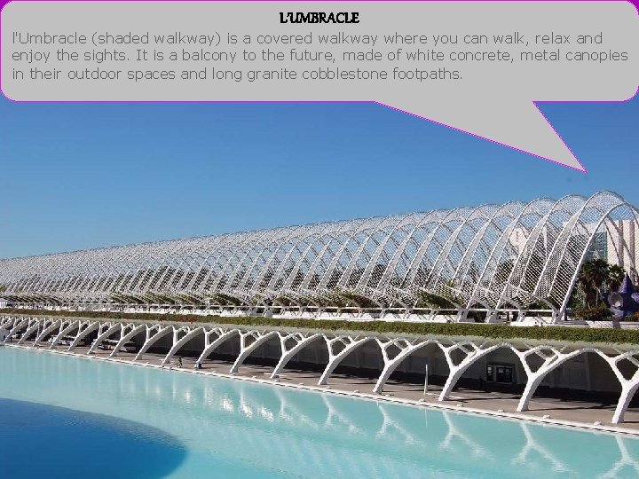 L’UMBRACLE l'Umbracle (shaded walkway) is a covered walkway where you can walk, relax and