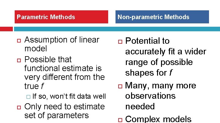 Parametric Methods Assumption of linear model Possible that functional estimate is very different from