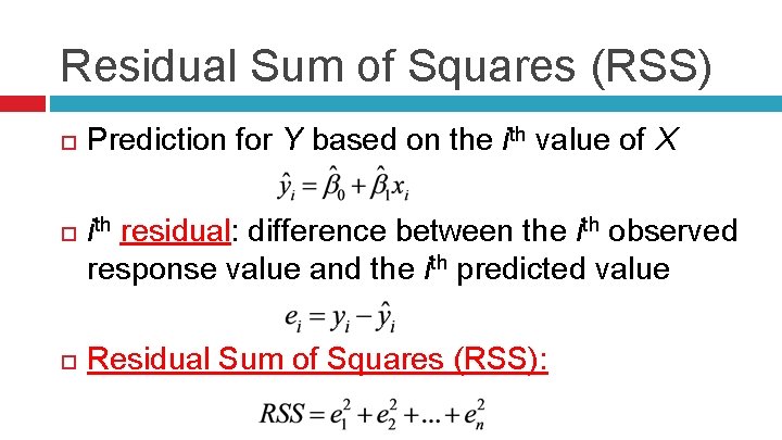 Residual Sum of Squares (RSS) Prediction for Y based on the ith value of