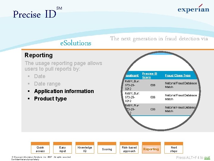Precise ID Reporting SM The next generation in fraud detection via e. Solutions The