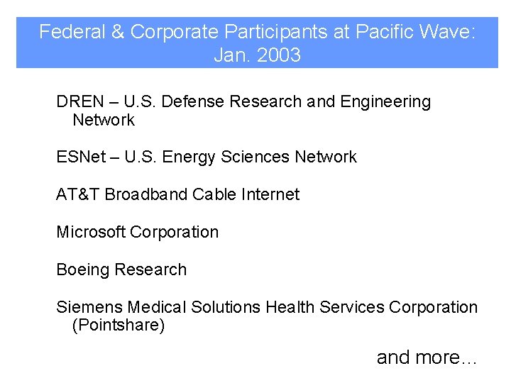 Federal & Corporate Participants at Pacific Wave: Jan. 2003 DREN – U. S. Defense