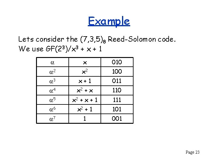 Example Lets consider the (7, 3, 5)8 Reed-Solomon code. We use GF(23)/x 3 +