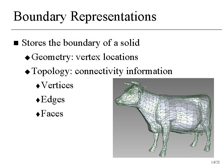 Boundary Representations n Stores the boundary of a solid u Geometry: vertex locations u