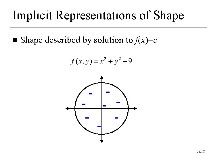 Implicit Representations of Shape n Shape described by solution to f(x)=c - - -