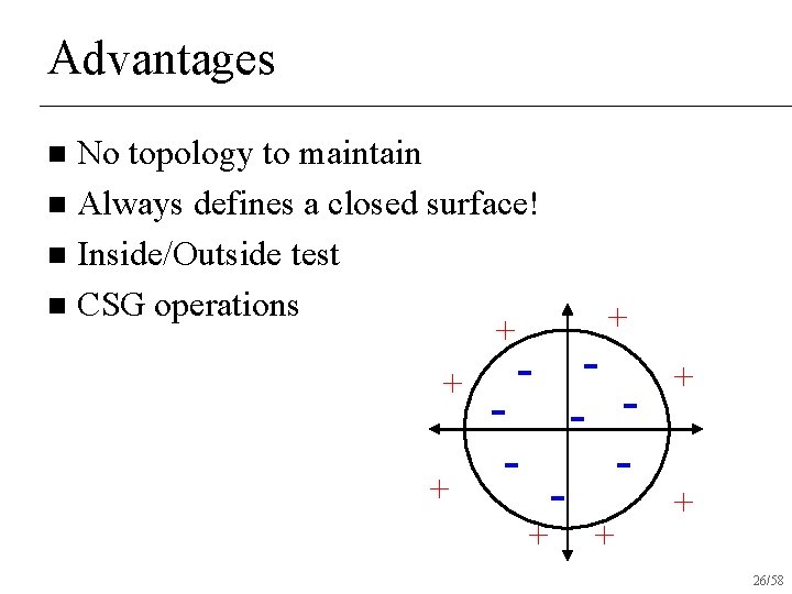 Advantages No topology to maintain n Always defines a closed surface! n Inside/Outside test