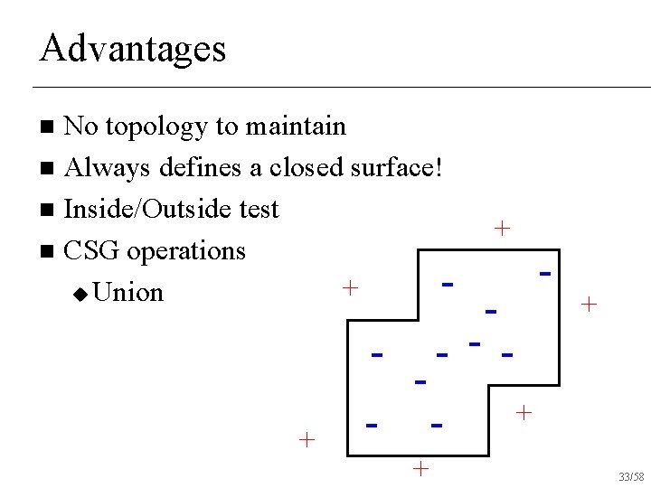 Advantages No topology to maintain n Always defines a closed surface! n Inside/Outside test