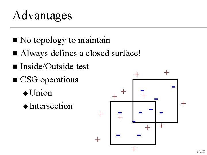 Advantages No topology to maintain n Always defines a closed surface! n Inside/Outside test