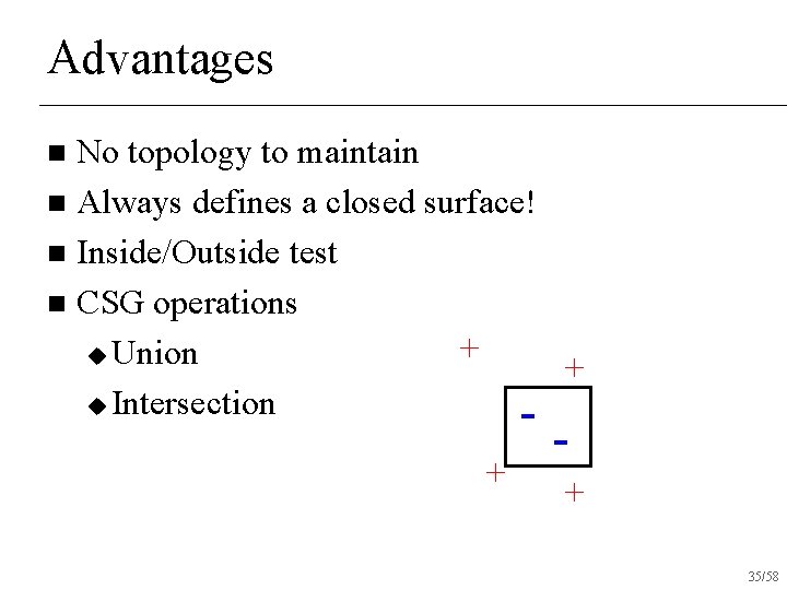 Advantages No topology to maintain n Always defines a closed surface! n Inside/Outside test