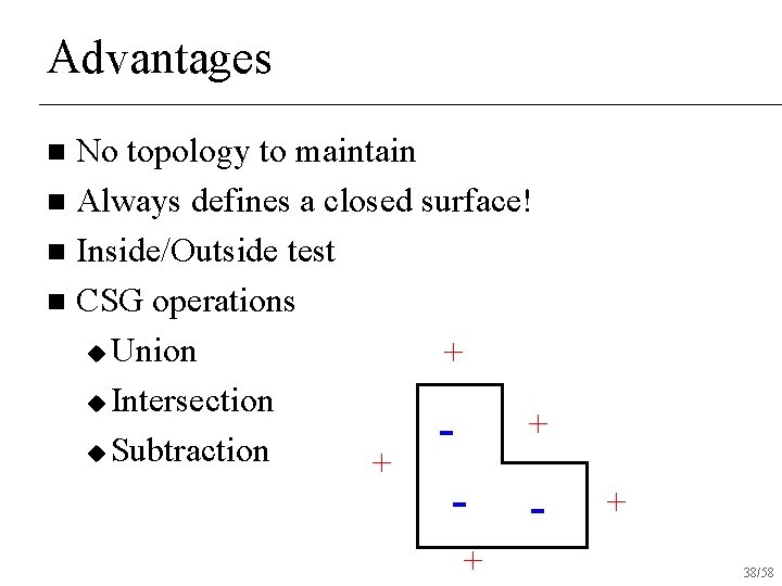 Advantages No topology to maintain n Always defines a closed surface! n Inside/Outside test