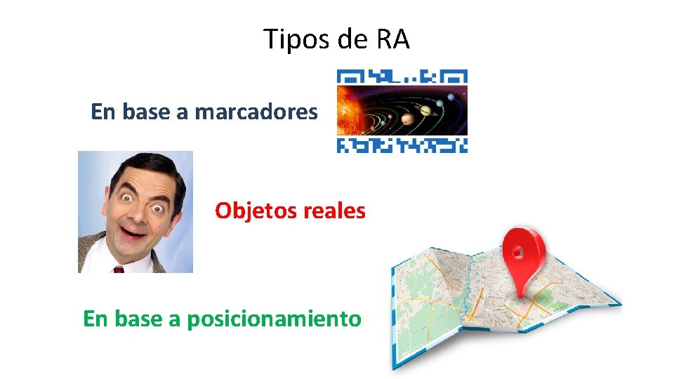 Tipos de RA En base a marcadores Objetos reales En base a posicionamiento 