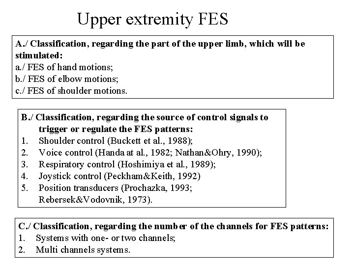 Upper extremity FES A. / Classification, regarding the part of the upper limb, which Upper extremity FES A. / Classification, regarding the part of the upper limb, which