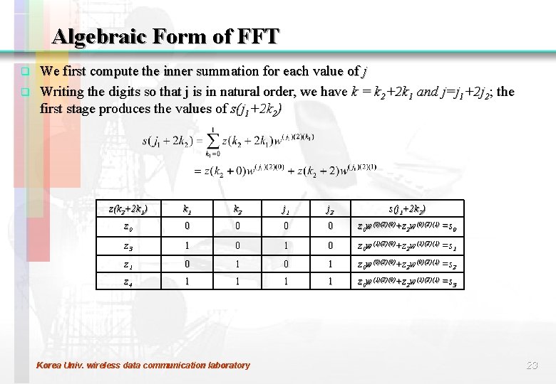 Algebraic Form of FFT q q We first compute the inner summation for each