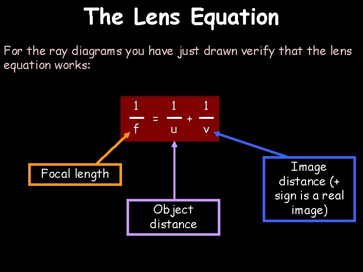 The Lens Equation For the ray diagrams you have just drawn verify that the