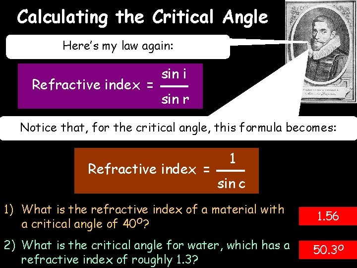 Calculating the Critical Angle 03/10/2020 Here’s my law again: Refractive index = sin i