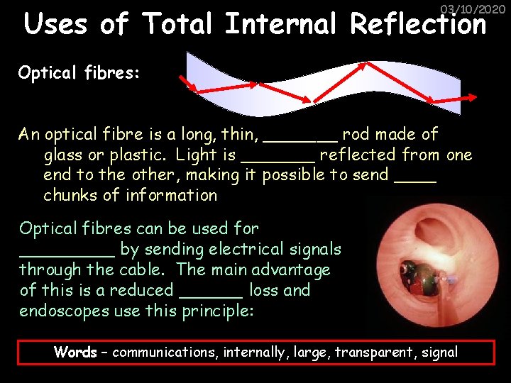 03/10/2020 Uses of Total Internal Reflection Optical fibres: An optical fibre is a long,