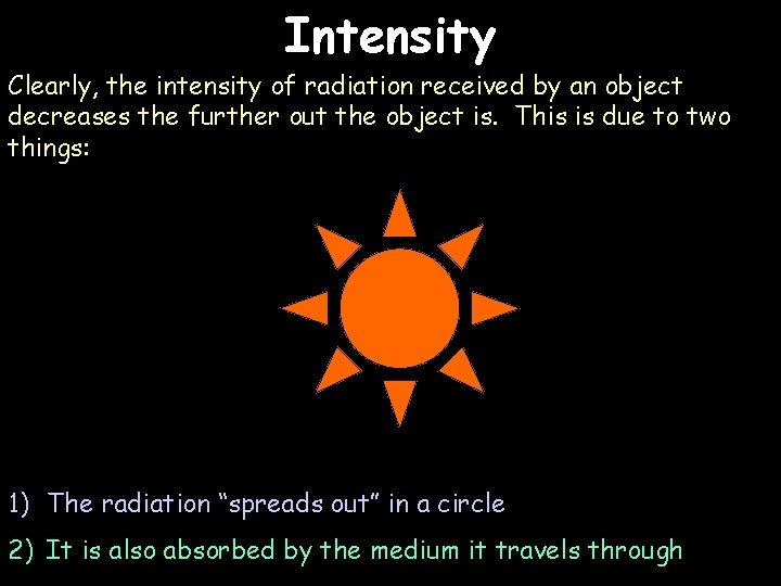 Intensity Clearly, the intensity of radiation received by an object decreases the further out