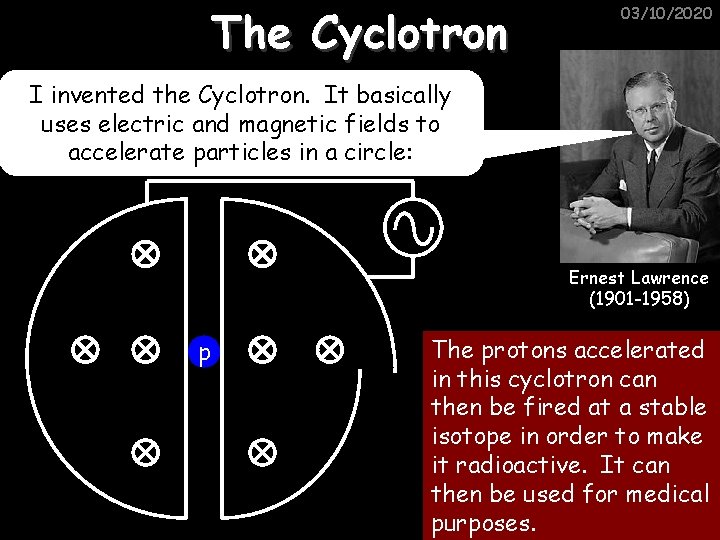 The Cyclotron 03/10/2020 I invented the Cyclotron. It basically uses electric and magnetic fields