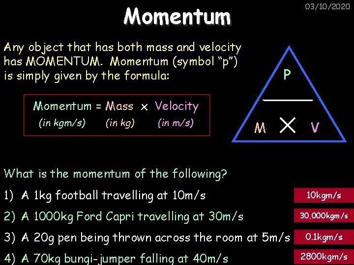 Momentum 03/10/2020 Any object that has both mass and velocity has MOMENTUM. Momentum (symbol