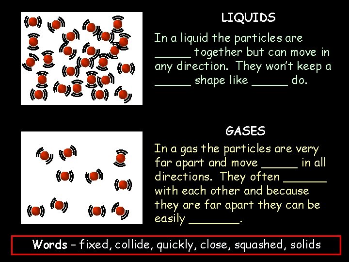 LIQUIDS In a liquid the particles are _____ together but can move in any