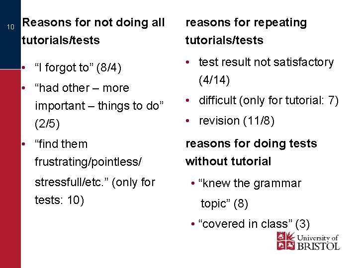 10 Reasons for not doing all tutorials/tests reasons for repeating tutorials/tests • “I forgot