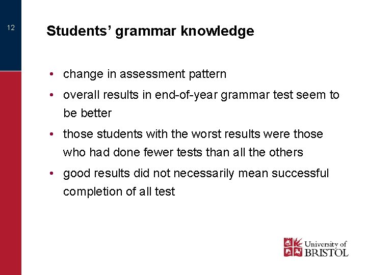 12 Students’ grammar knowledge • change in assessment pattern • overall results in end-of-year