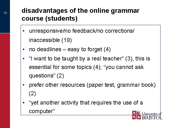 14 disadvantages of the online grammar course (students) • unresponsive/no feedback/no corrections/ inaccessible (19)
