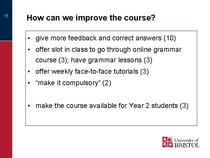 15 How can we improve the course? • give more feedback and correct answers