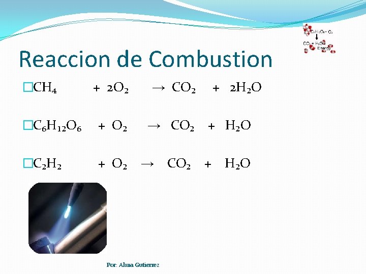 Reaccion de Combustion �CH₄ + 2 O₂ → CO₂ �C₆H₁₂O₆ + O₂ → CO₂