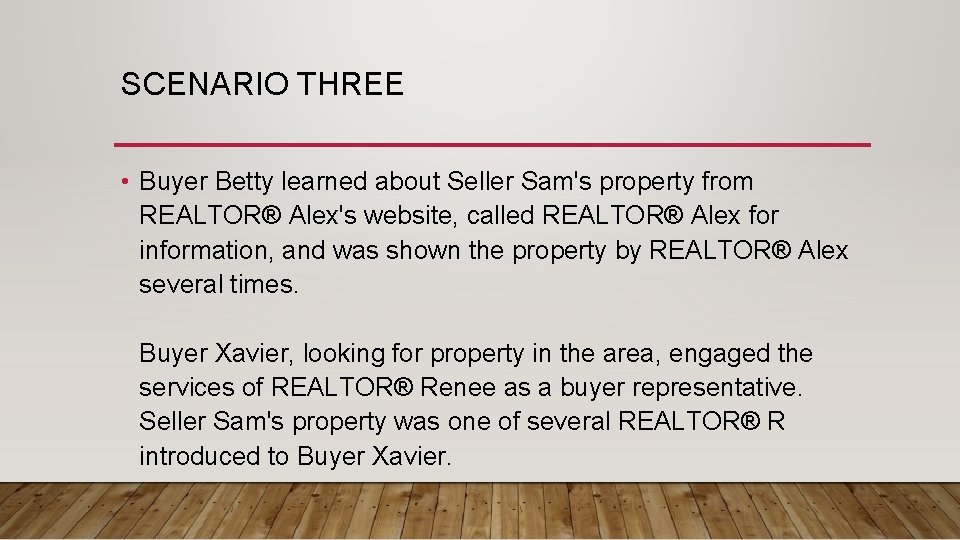 SCENARIO THREE • Buyer Betty learned about Seller Sam's property from REALTOR® Alex's website,
