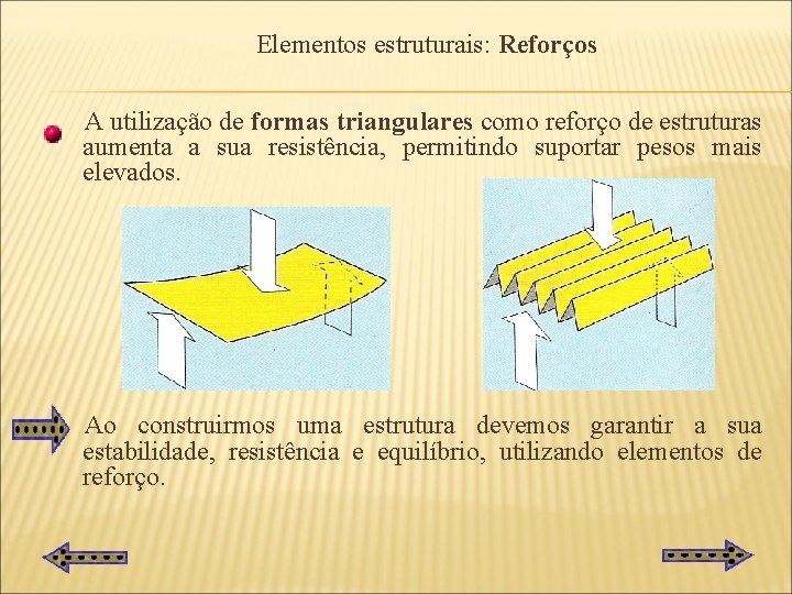 Elementos estruturais: Reforços A utilização de formas triangulares como reforço de estruturas aumenta a