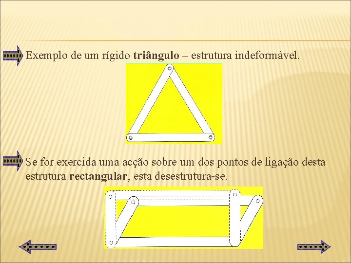 Exemplo de um rígido triângulo – estrutura indeformável. Se for exercida uma acção sobre