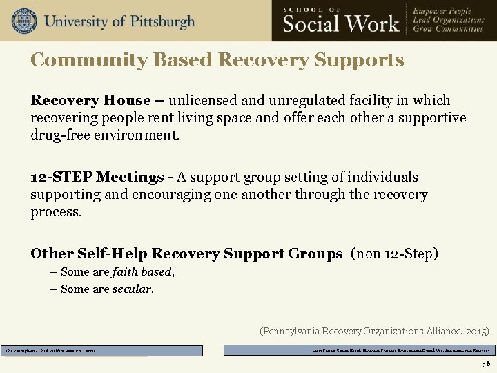 Community Based Recovery Supports Recovery House – unlicensed and unregulated facility in which recovering