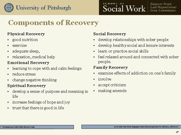 Components of Recovery Physical Recovery • good nutrition • exercise • adequate sleep, •