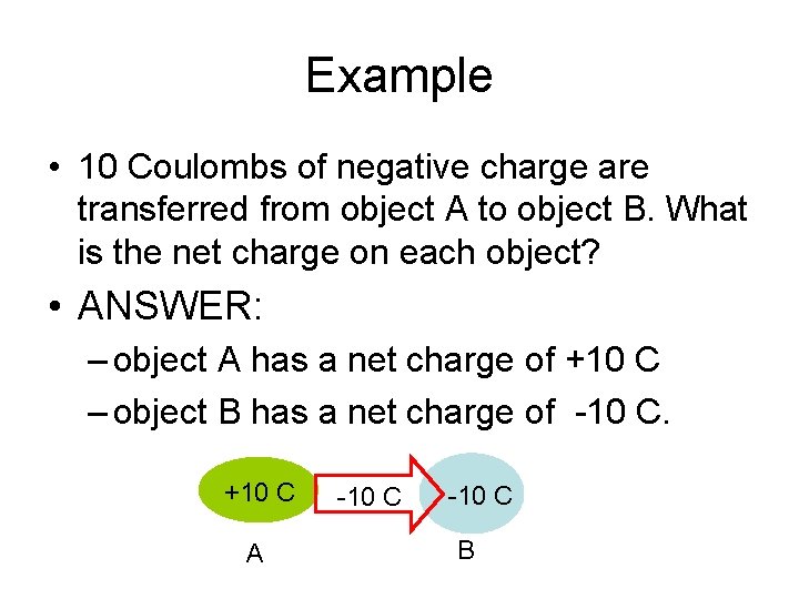 Example • 10 Coulombs of negative charge are transferred from object A to object