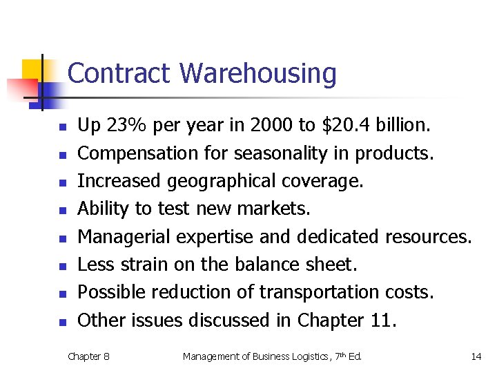 Contract Warehousing n n n n Up 23% per year in 2000 to $20.