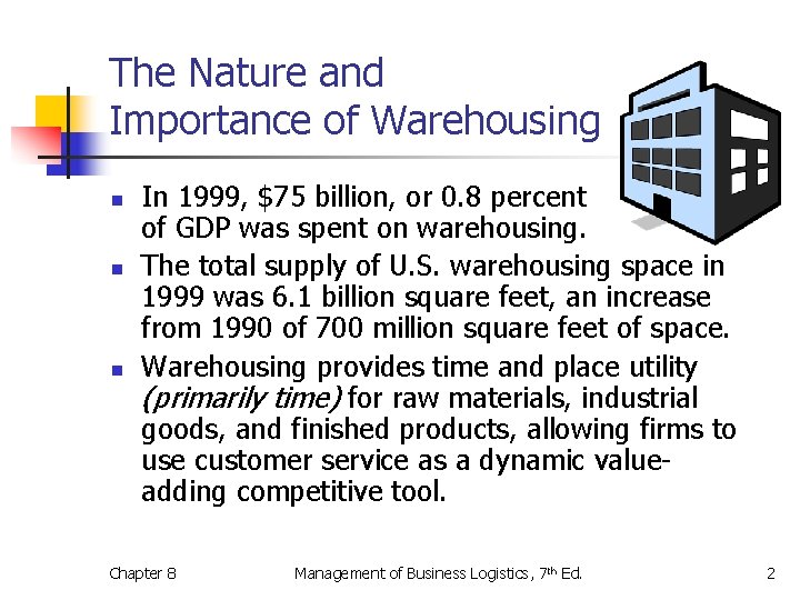 The Nature and Importance of Warehousing n n n In 1999, $75 billion, or