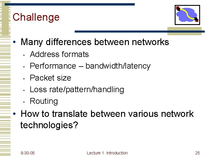 Challenge • Many differences between networks • • • Address formats Performance – bandwidth/latency