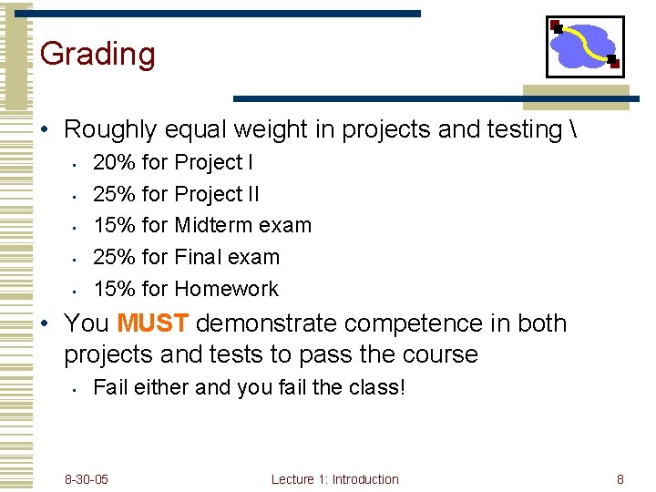 Grading • Roughly equal weight in projects and testing  • • • 20%