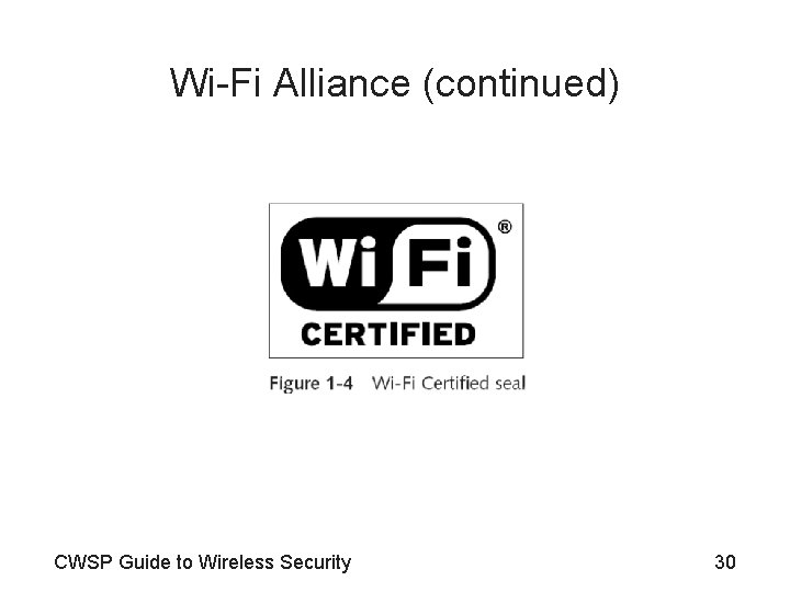 Wi-Fi Alliance (continued) CWSP Guide to Wireless Security 30 