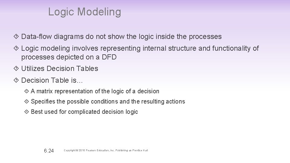 Logic Modeling Data-flow diagrams do not show the logic inside the processes Logic modeling