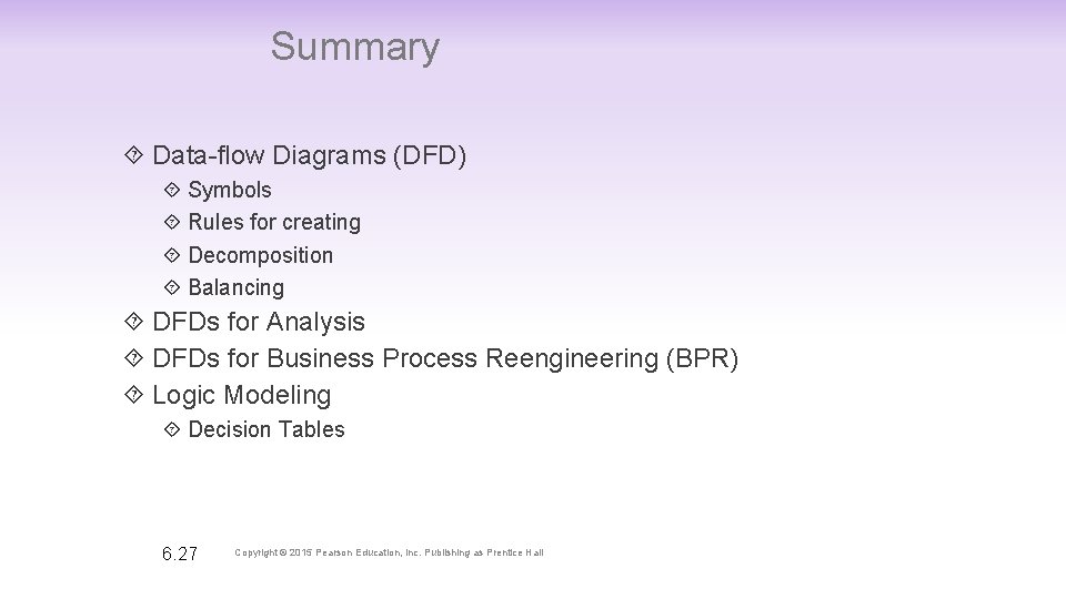 Summary Data-flow Diagrams (DFD) Symbols Rules for creating Decomposition Balancing DFDs for Analysis DFDs