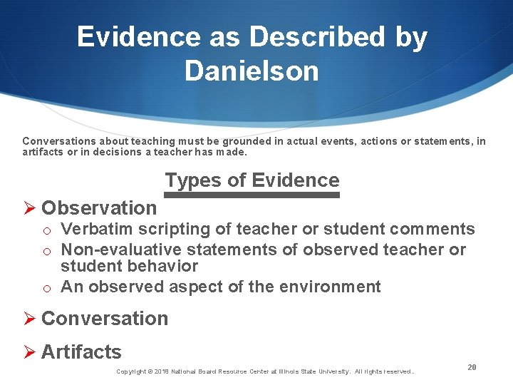 Evidence as Described by Danielson Conversations about teaching must be grounded in actual events,