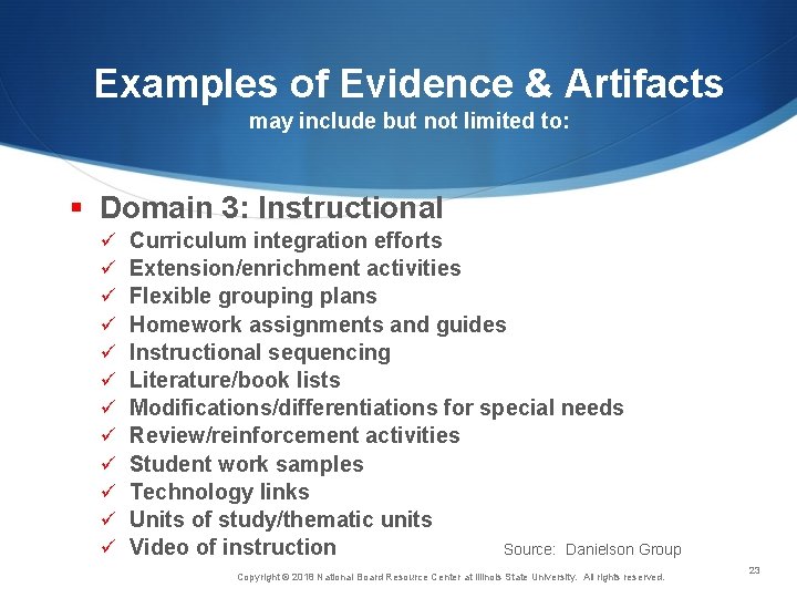 Examples of Evidence & Artifacts may include but not limited to: § Domain 3: